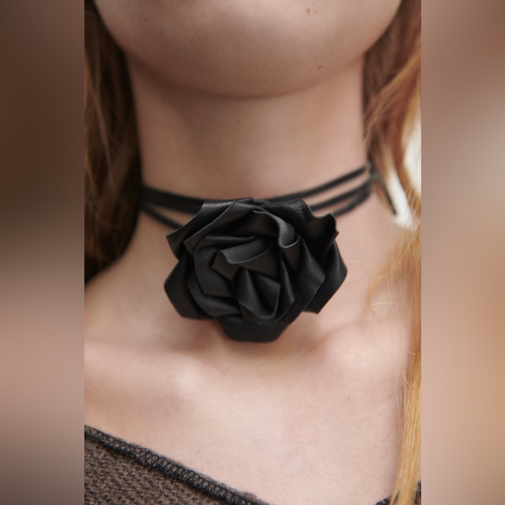 NWT. Zara Black Long cord with Leather Flower Necklace.